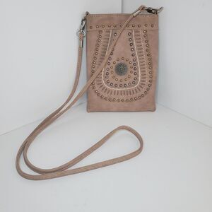 American Bling Vegan Leather Crossbody Purse Western Tribal Studded Tooled 8x6"